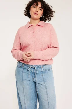 Hienoneuloksinen pusero, jossa kaulus | Pinkki | Naiset | Kappahl