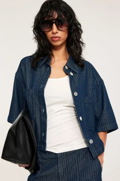 Kalanruotokuvioinen lyhythihainen paita | Tumma denim | Naiset | Kappahl