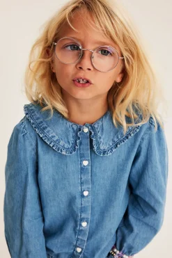 Puuvilladenimistä valmistettu paitapusero, jossa on röyhelökaulus | Denim | Lapset | Kappahl