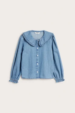 Puuvilladenimistä valmistettu paitapusero, jossa on röyhelökaulus | Denim | Lapset | Kappahl