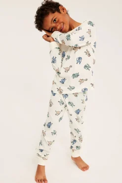 Puuvillatrikoosta valmistettu pyjama, jossa on dinosauruskuvio | Luonnonvalkoinen | Lapset | Kappahl