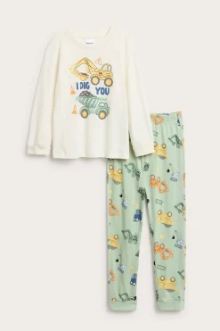 Rakennusajoneuvokuvioinen pyjama | Luonnonvalkoinen | Lapset | Kappahl