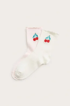 Ribatut sukat, joissa kirsikkabrodeeraus, 2-pack | Vaaleanpunainen | Naiset | Kappahl